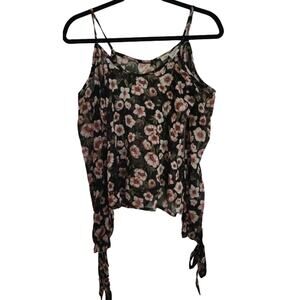 Floral Cold Shoulder Top Long Sleeve Sheer Blouse Tie Cuffs